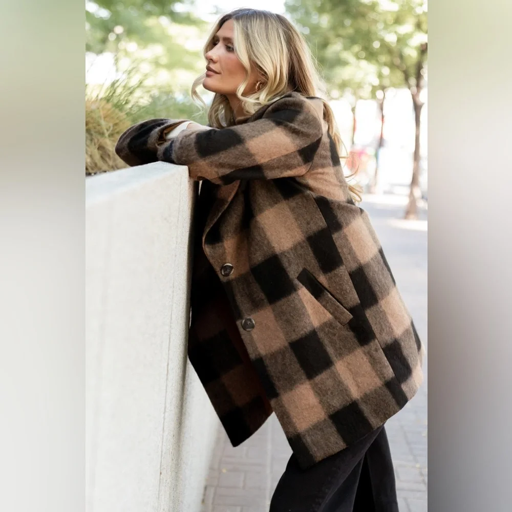 NEW Baltic Born Kirsti Coat Buffalo Check Plaid Brown Black Jacket Large - Picture 1 of 12